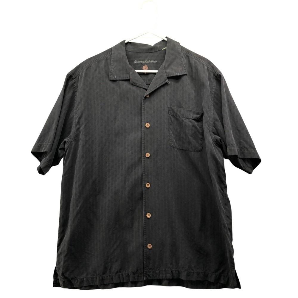 VTG Tommy Bahama Silk Jacquard Resort Shirt Mens L Black Camp Collar Beachy